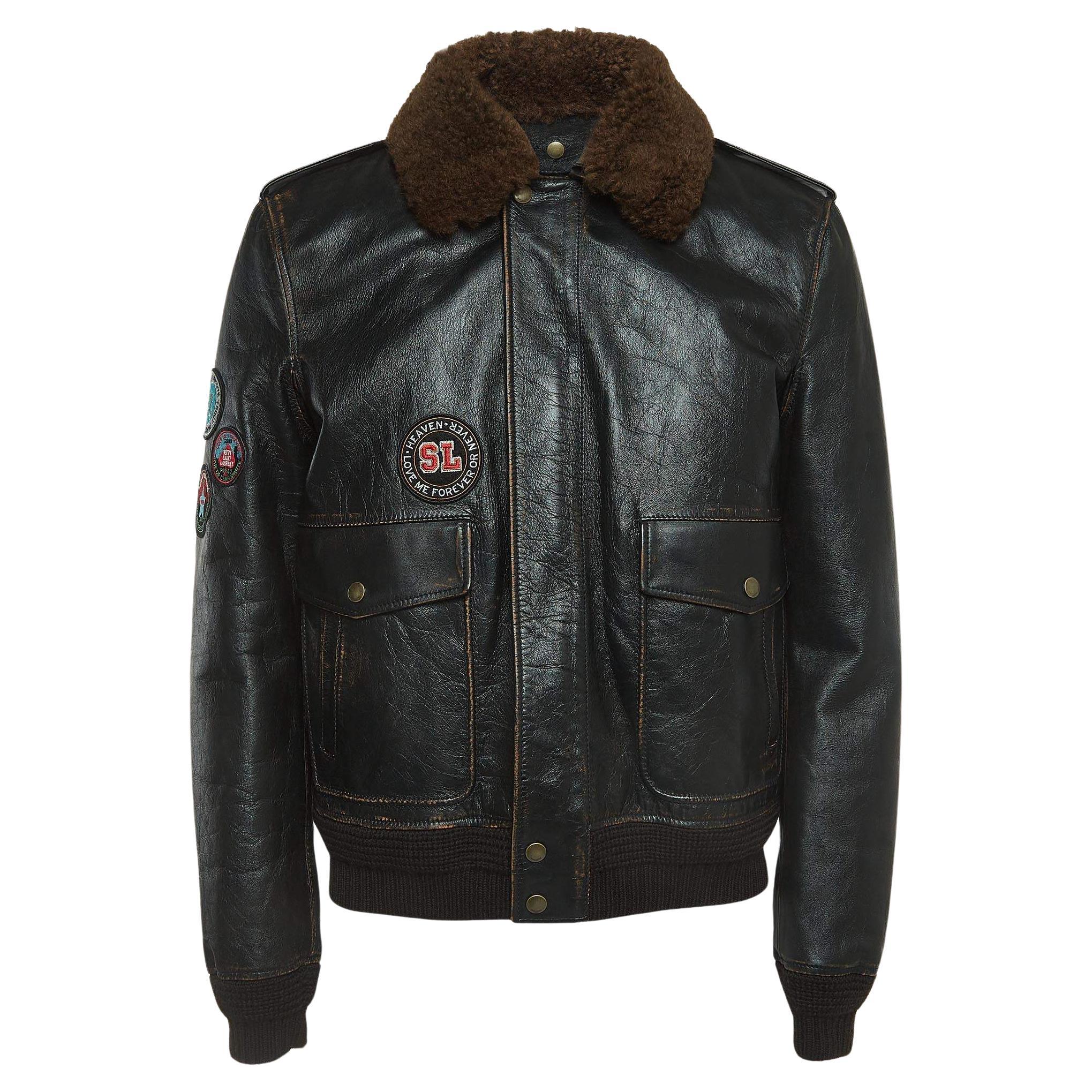 Saint Laurent Paris Brown Applique Detail Leather Jacket XL For Sale