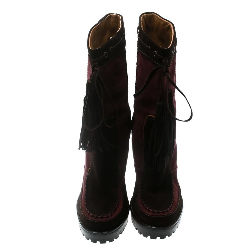 Black Saint Laurent Paris Brown/Burgundy Suede Tassel Detail Calf Boot Shoes Size 40.5