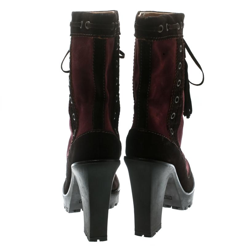 Saint Laurent Paris Brown/Burgundy Suede Tassel Detail Calf Boot Shoes Size 40.5 In Good Condition In Dubai, Al Qouz 2