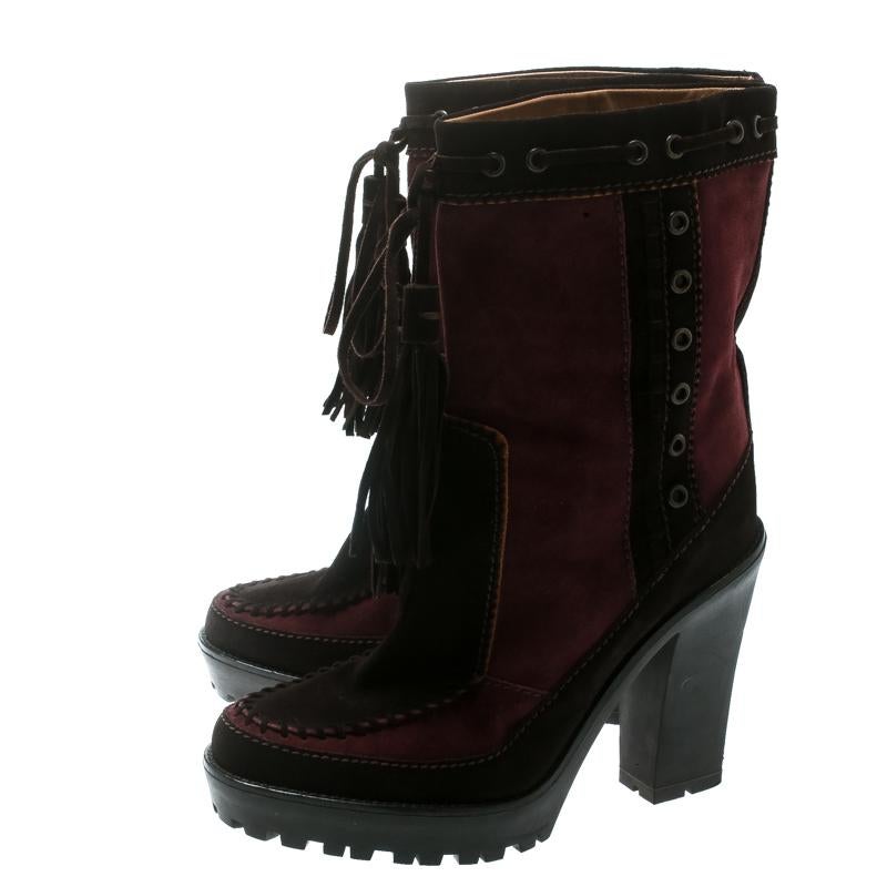 Women's Saint Laurent Paris Brown/Burgundy Suede Tassel Detail Calf Boot Shoes Size 40.5