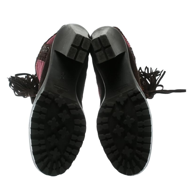Saint Laurent Paris Brown/Burgundy Suede Tassel Detail Calf Boot Shoes Size 40.5 2