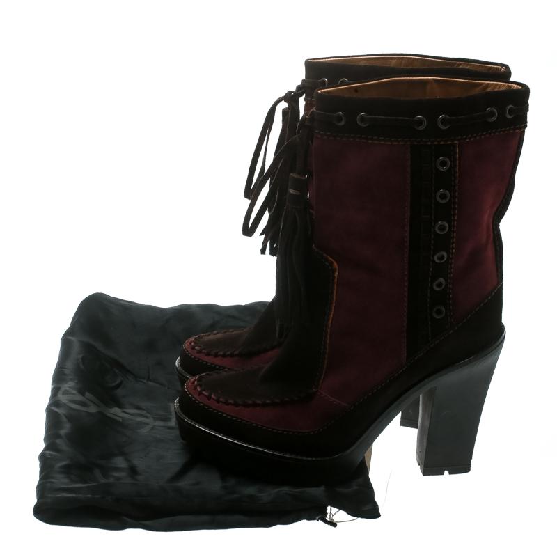 Saint Laurent Paris Brown/Burgundy Suede Tassel Detail Calf Boot Shoes Size 40.5 3