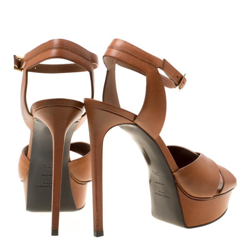 Saint Laurent Paris Brown Leather Bianca Platform Sandals Size 38.5 In Good Condition In Dubai, Al Qouz 2