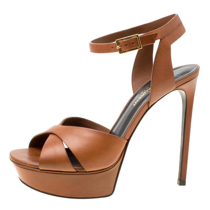Saint Laurent Paris Brown Leather Bianca Platform Sandals Size 38.5 2