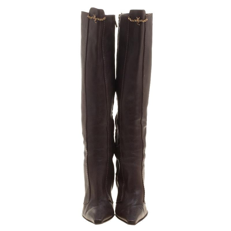 Black Saint Laurent Paris Brown Leather Knee Length Boots Size 38.5