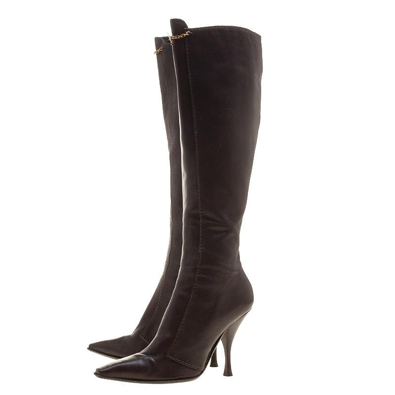 Women's Saint Laurent Paris Brown Leather Knee Length Boots Size 38.5