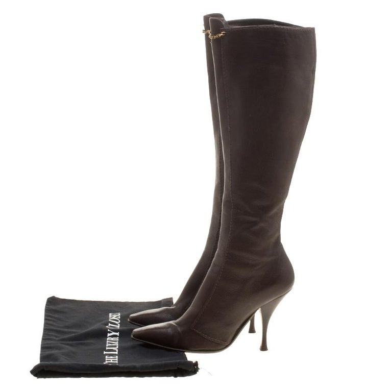 Saint Laurent Paris Brown Leather Knee Length Boots Size 38.5 For Sale ...