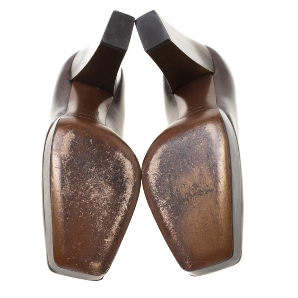 Saint Laurent Paris Brown Leather Platform Pumps Size 37.5 In Good Condition In Dubai, Al Qouz 2