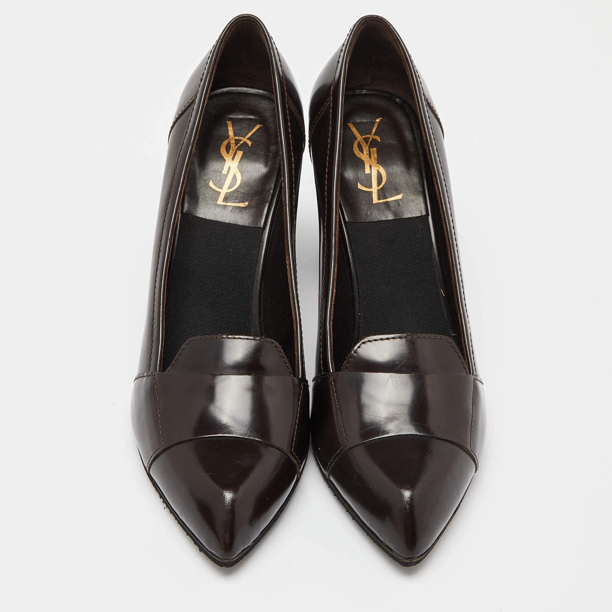 Black Saint Laurent Paris Brown Leather Pointed Toe Loafer Pumps Size 39