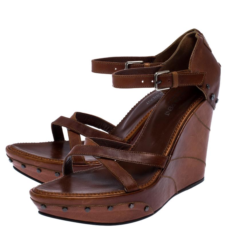 Saint Laurent Paris Brown Leather Studded Cross Strap Wedge Platform Sandals 38 1