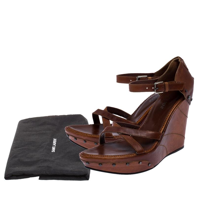 Saint Laurent Paris Brown Leather Studded Cross Strap Wedge Platform Sandals 38 2