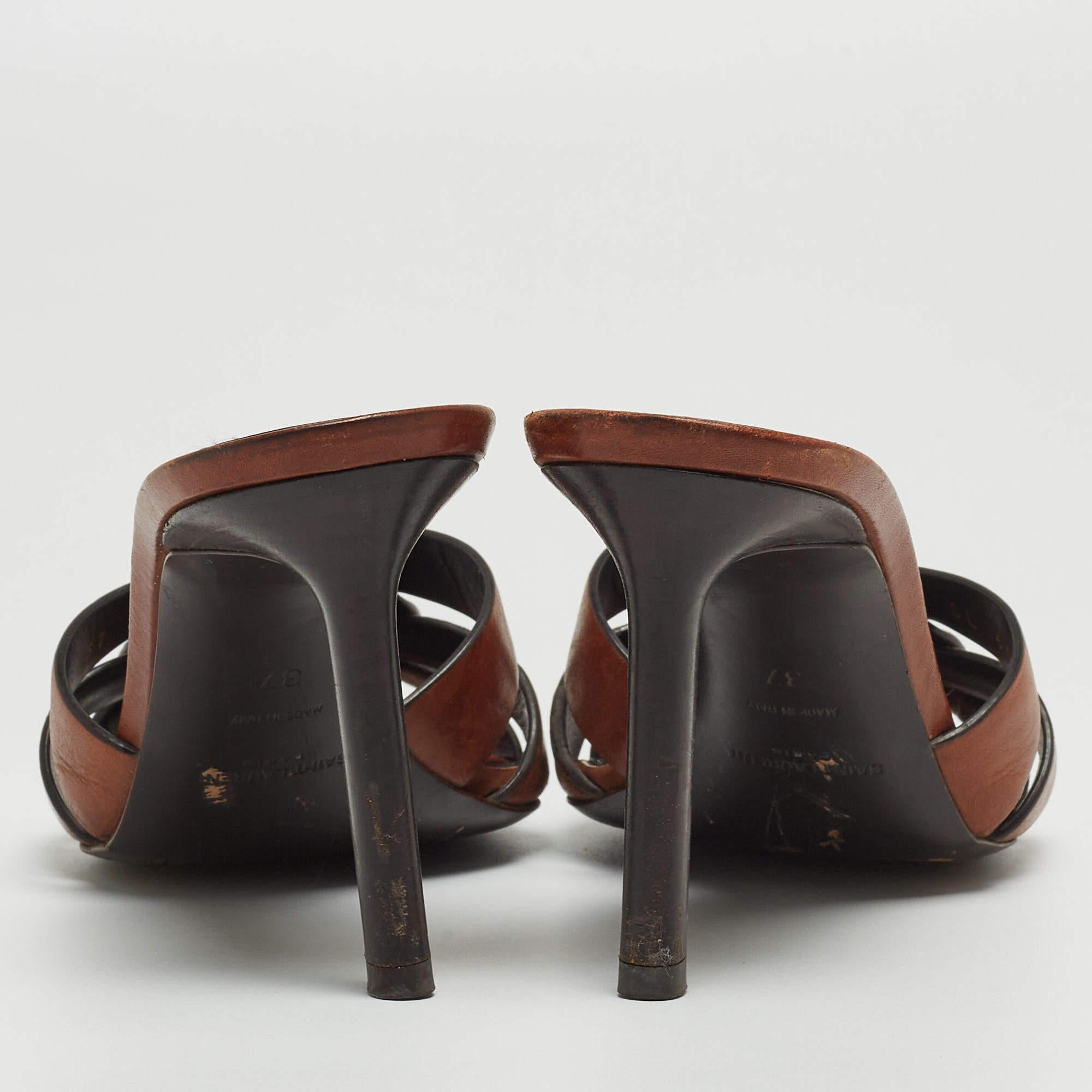 Saint Laurent Paris Brown Leather Tribute Open Slide Sandals Size 37 2
