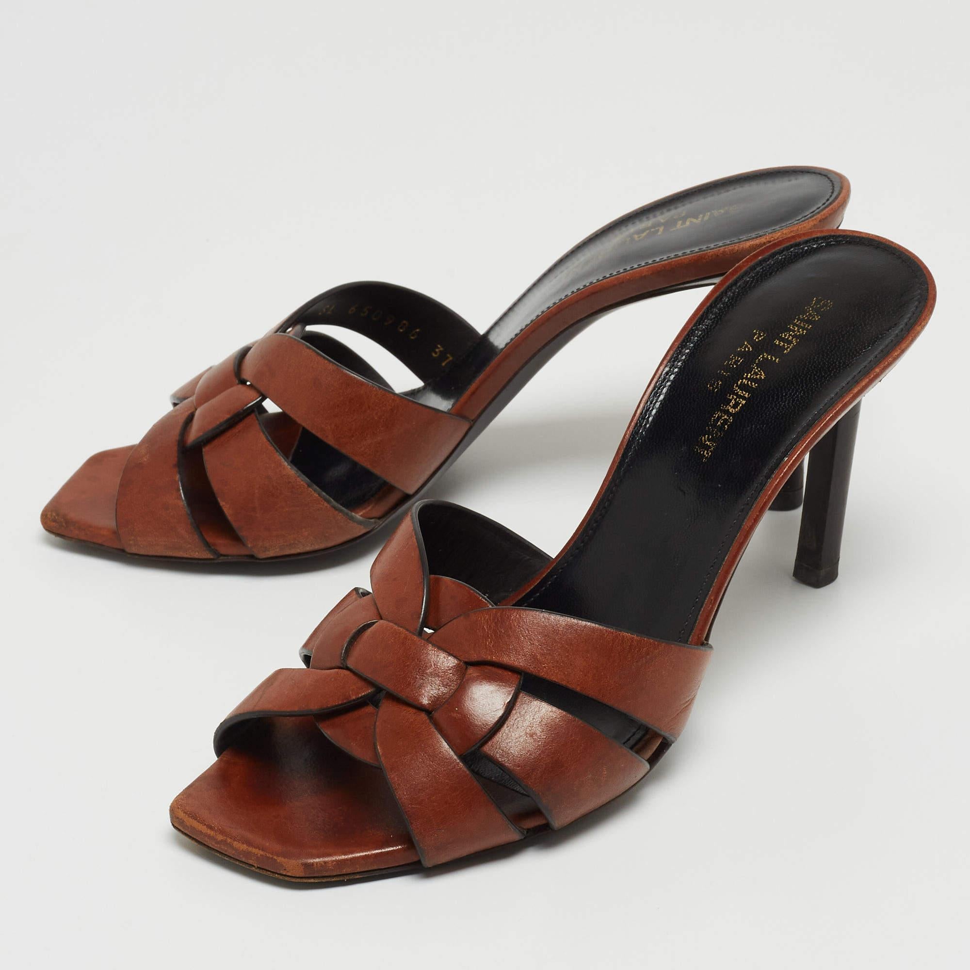 Saint Laurent Paris Brown Leather Tribute Open Slide Sandals Size 37 4