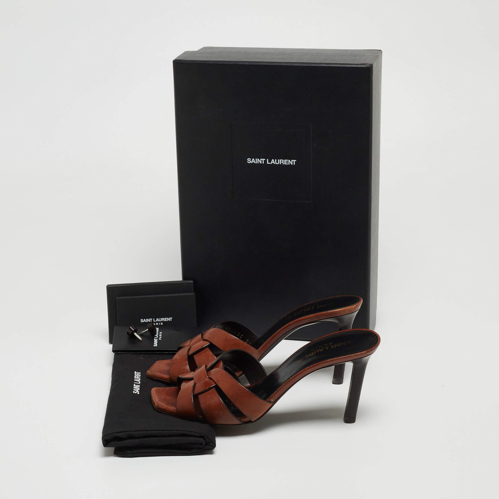 Saint Laurent Paris Brown Leather Tribute Open Slide Sandals Size 37 5