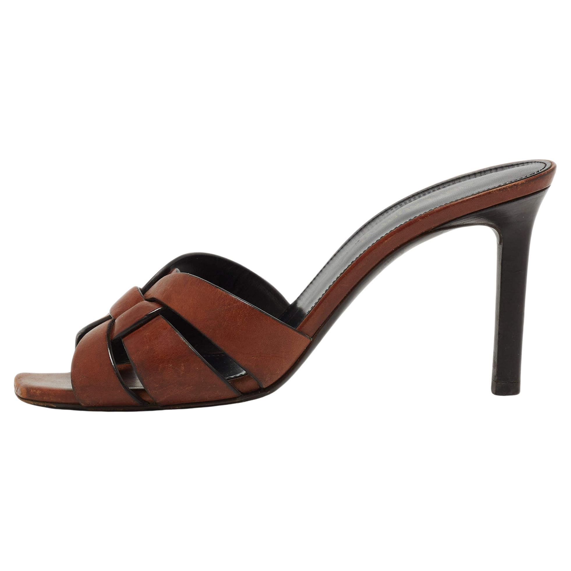 Saint Laurent Paris Brown Leather Tribute Open Slide Sandals Size