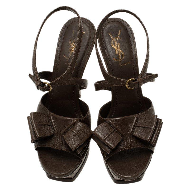 Black Saint Laurent Paris Brown Leather Y-Bow Platform Sandals Size 38 For Sale
