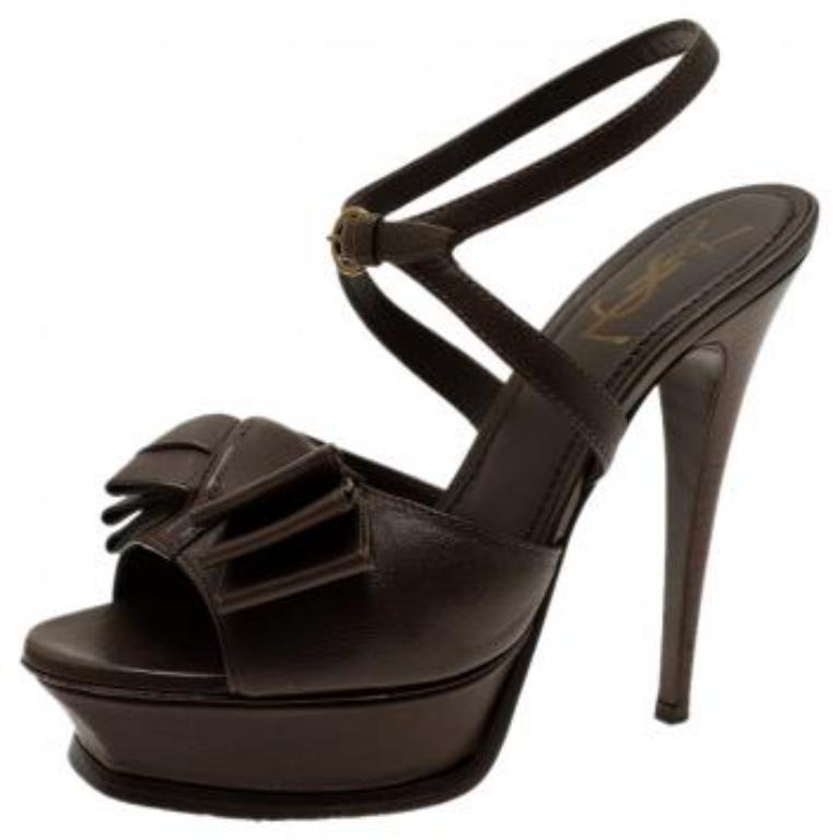 Saint Laurent Paris Sandales à plateforme Y-Bow en cuir marron Taille 38 Bon état - En vente à Dubai, Al Qouz 2