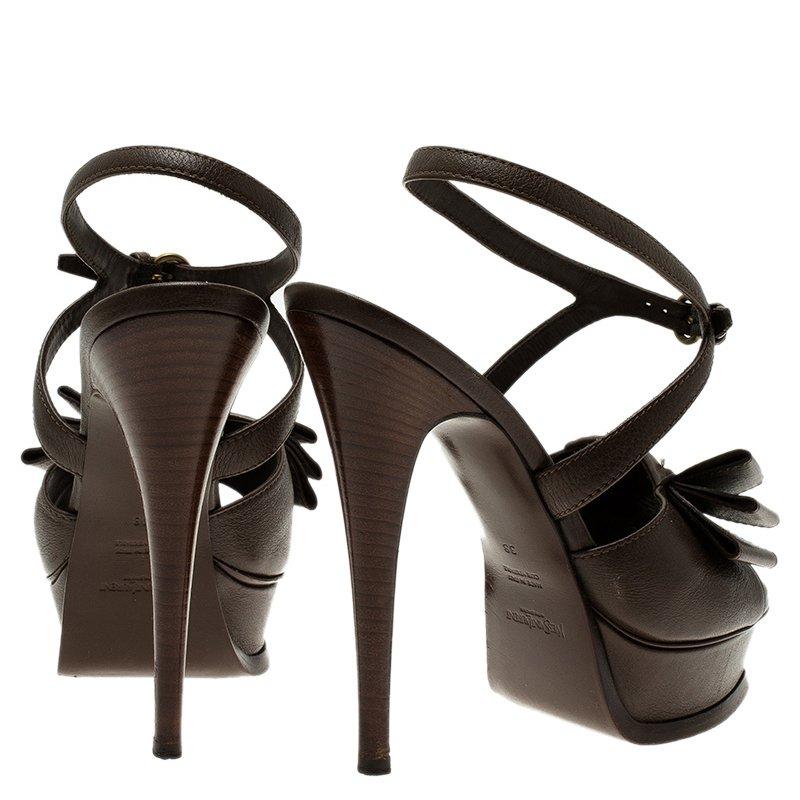 Women's Saint Laurent Paris Brown Leather Y-Bow Platform Sandals Size 38 For Sale