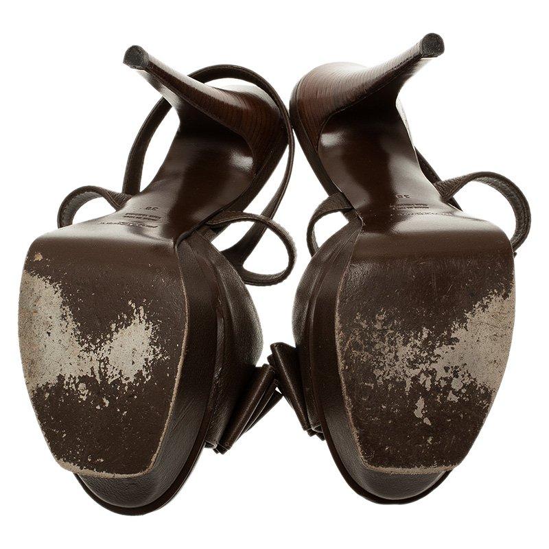 Saint Laurent Paris Brown Leather Y-Bow Platform Sandals Size 38 For Sale 1