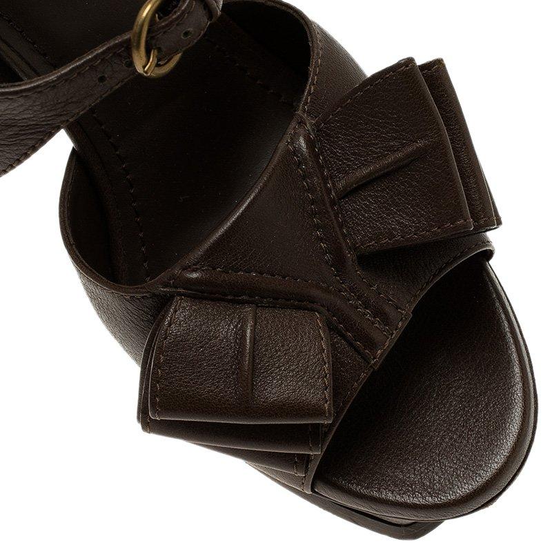 Saint Laurent Paris Brown Leather Y-Bow Platform Sandals Size 38 For Sale 2
