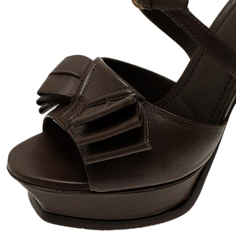 Saint Laurent Paris Brown Leather Y-Bow Platform Sandals Size 38 For Sale 3