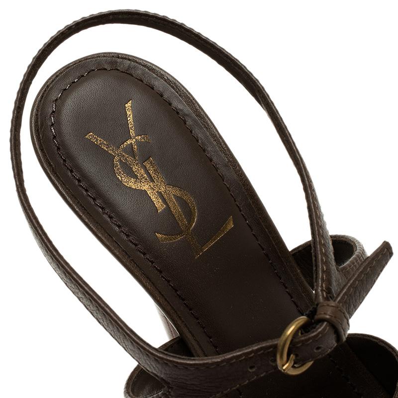 Saint Laurent Paris Brown Leather Y-Bow Platform Sandals Size 38 For Sale 4
