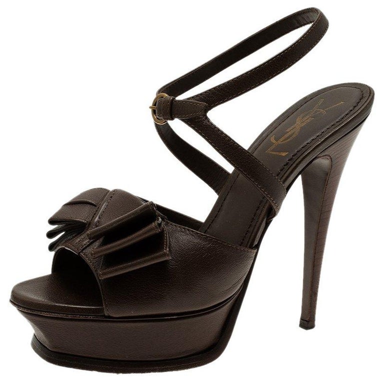 Saint Laurent Paris Brown Leather Y-Bow Platform Sandals Size 38 For ...