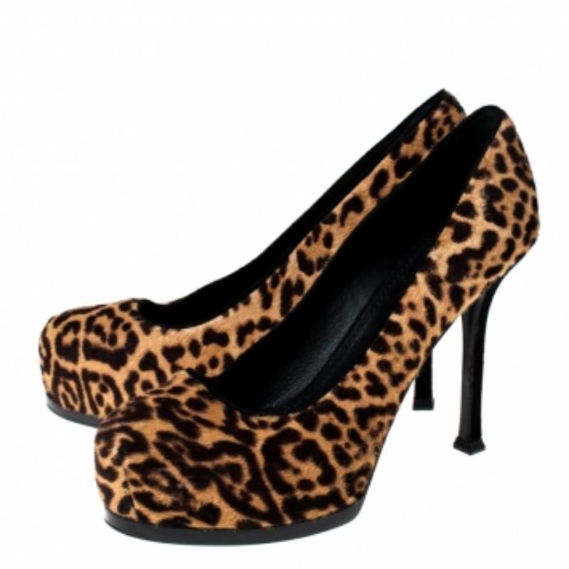 Saint Laurent Paris Brown Leopard Print Pony Hair Tribtoo Platform Pumps Size 36 en vente 3