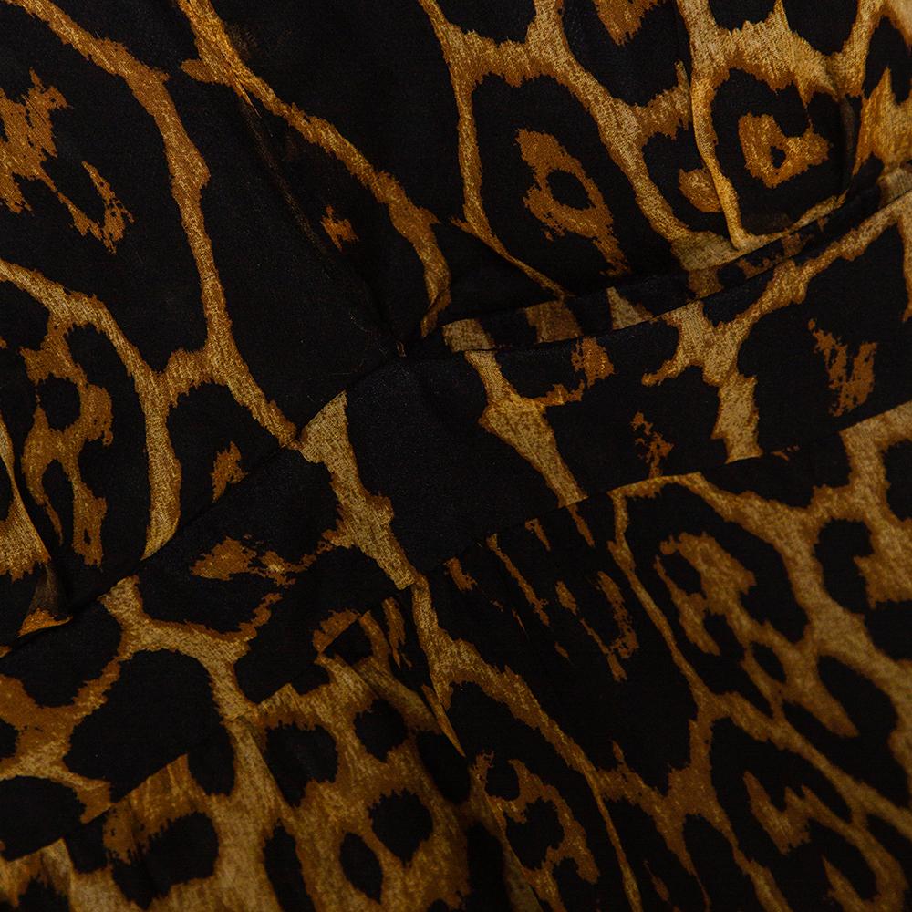 Black Saint Laurent Paris Brown Leopard Printed Silk Shoulder Padded Mini Dress M
