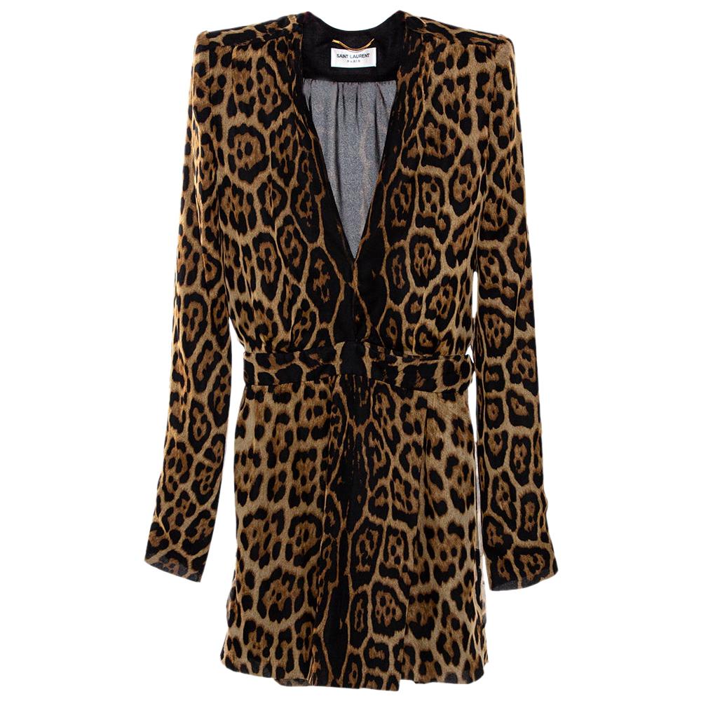 Saint Laurent Paris Brown Leopard Printed Silk Shoulder Padded Mini Dress M