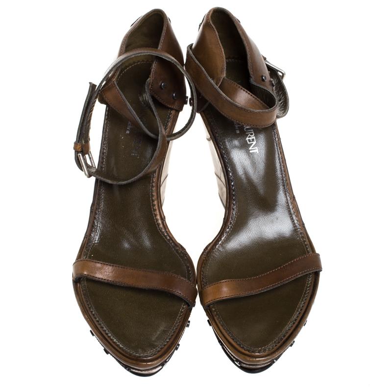 Black Saint Laurent Paris Brown Studded Leather Open Toe Wedge Platform Sandals Size38