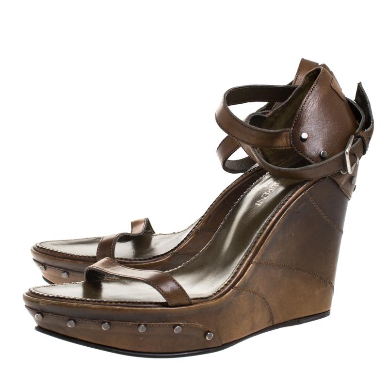 Women's Saint Laurent Paris Brown Studded Leather Open Toe Wedge Platform Sandals Size38