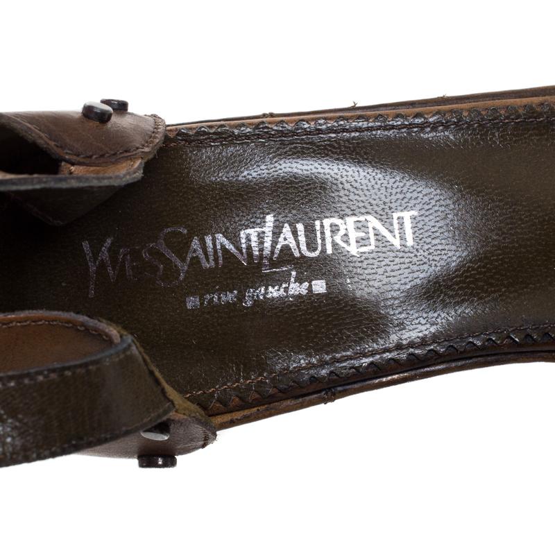 Saint Laurent Paris Brown Studded Leather Open Toe Wedge Platform Sandals Size38 1