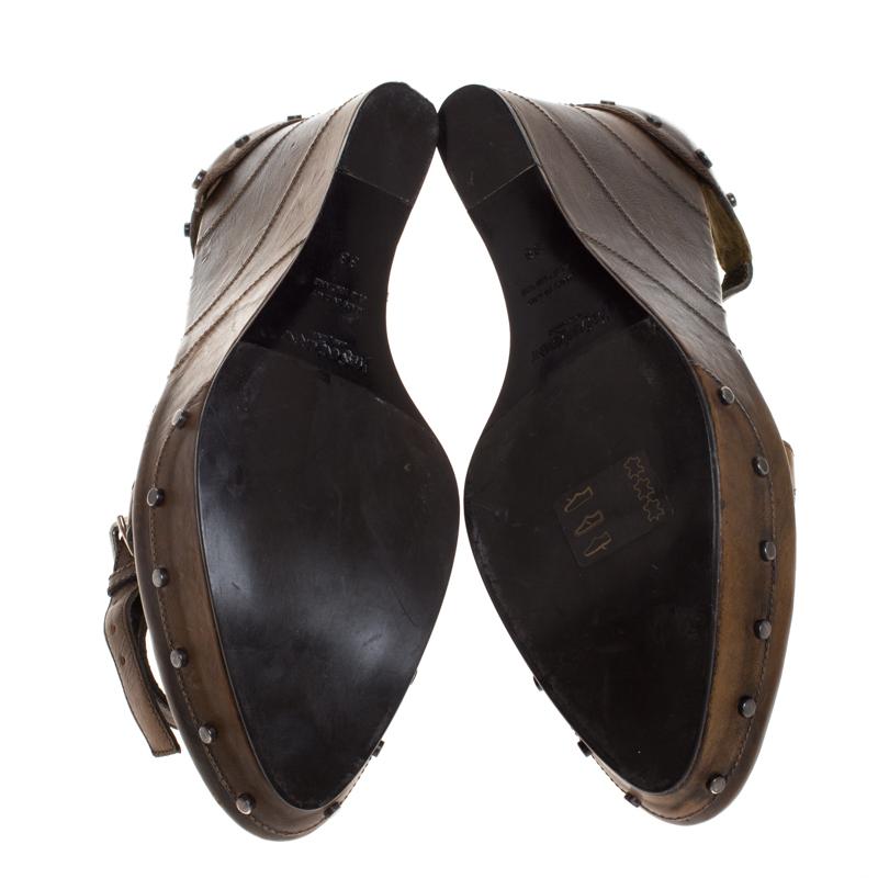 Saint Laurent Paris Brown Studded Leather Open Toe Wedge Platform Sandals Size38 2