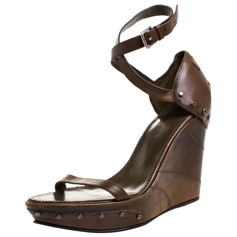 Saint Laurent Paris Brown Studded Leather Open Toe Wedge Platform Sandals Size38