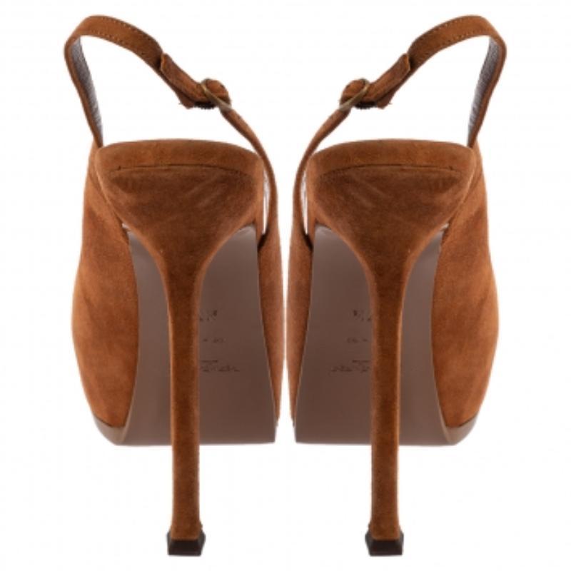 Saint Laurent Paris Brown Suede Tribtoo Slingback Sandals Size 37.5 In Good Condition For Sale In Dubai, Al Qouz 2