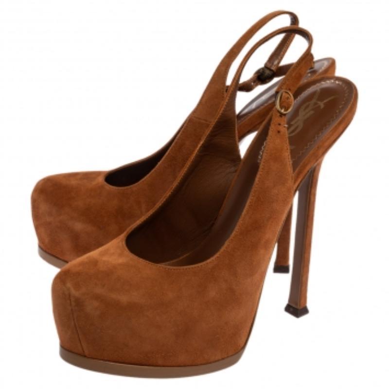 Saint Laurent Paris Brown Suede Tribtoo Slingback Sandals Size 37.5 For Sale 4