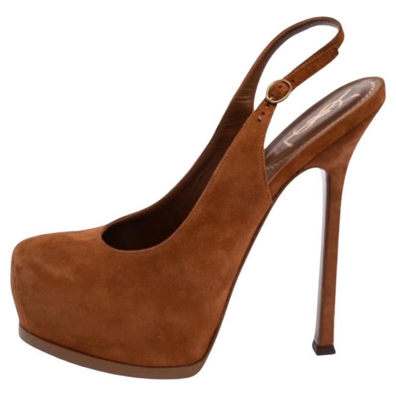 Saint Laurent Paris Brown Suede Tribtoo Slingback Sandals Size 37.5 For Sale