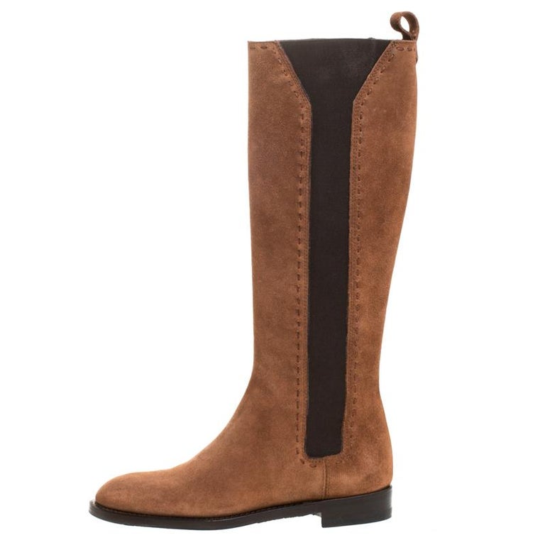 Saint Laurent Paris Brown Suede&Elastic Stitch Detail Knee Length Boots ...