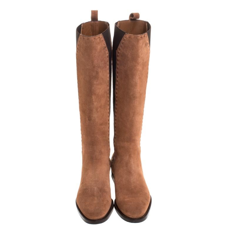 Saint Laurent Paris Brown Suede&Elastic Stitch Detail Knee Length Boots Size 35 In New Condition In Dubai, Al Qouz 2