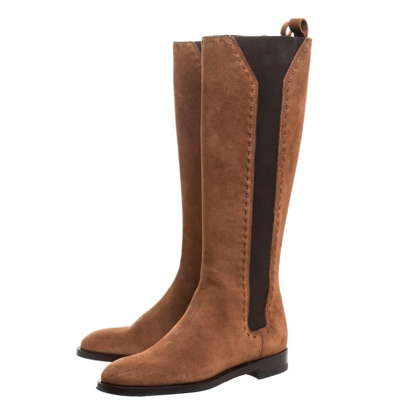 Women's Saint Laurent Paris Brown Suede&Elastic Stitch Detail Knee Length Boots Size 35