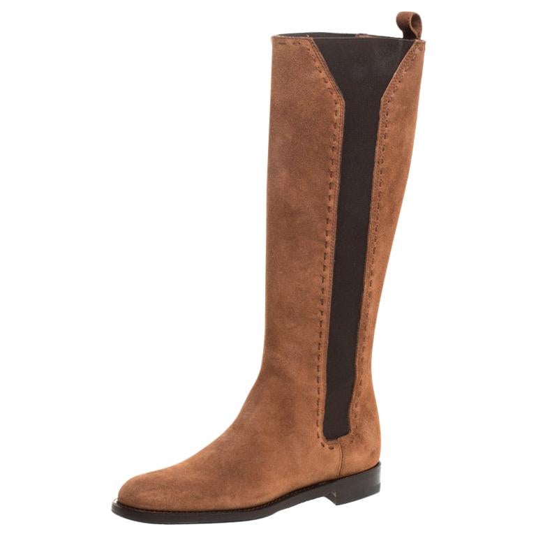 Saint Laurent Paris Brown Suede&Elastic Stitch Detail Knee Length Boots Size 35