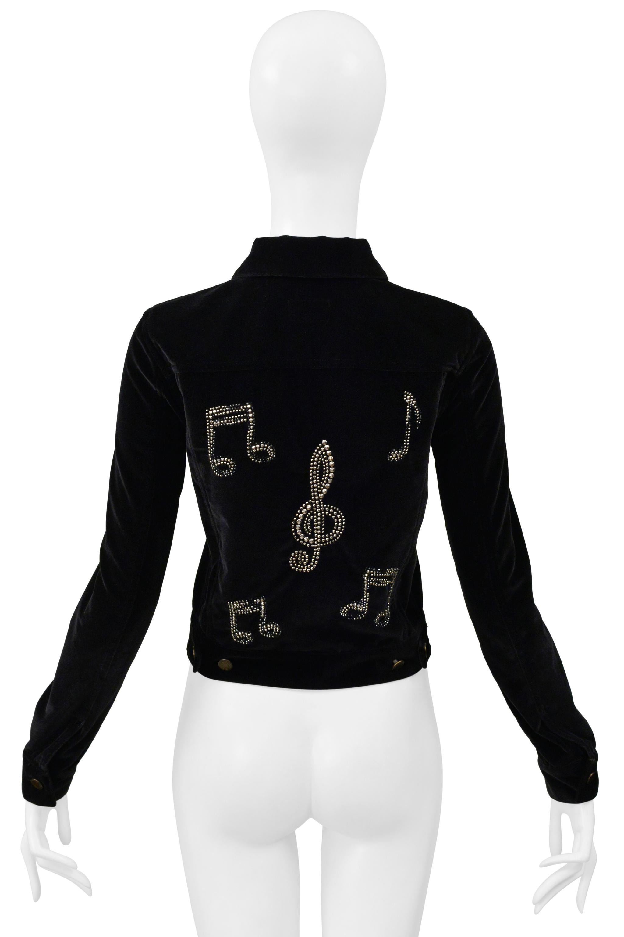 Resurrection Vintage is thrilled to present a Saint Laurent Paris by Hedi Slimane black velvet jacket featuring classic denim jacket details, slim fit, silver buttons, and rhinestone-studded musical notes on the back panel.  

Saint Laurent
