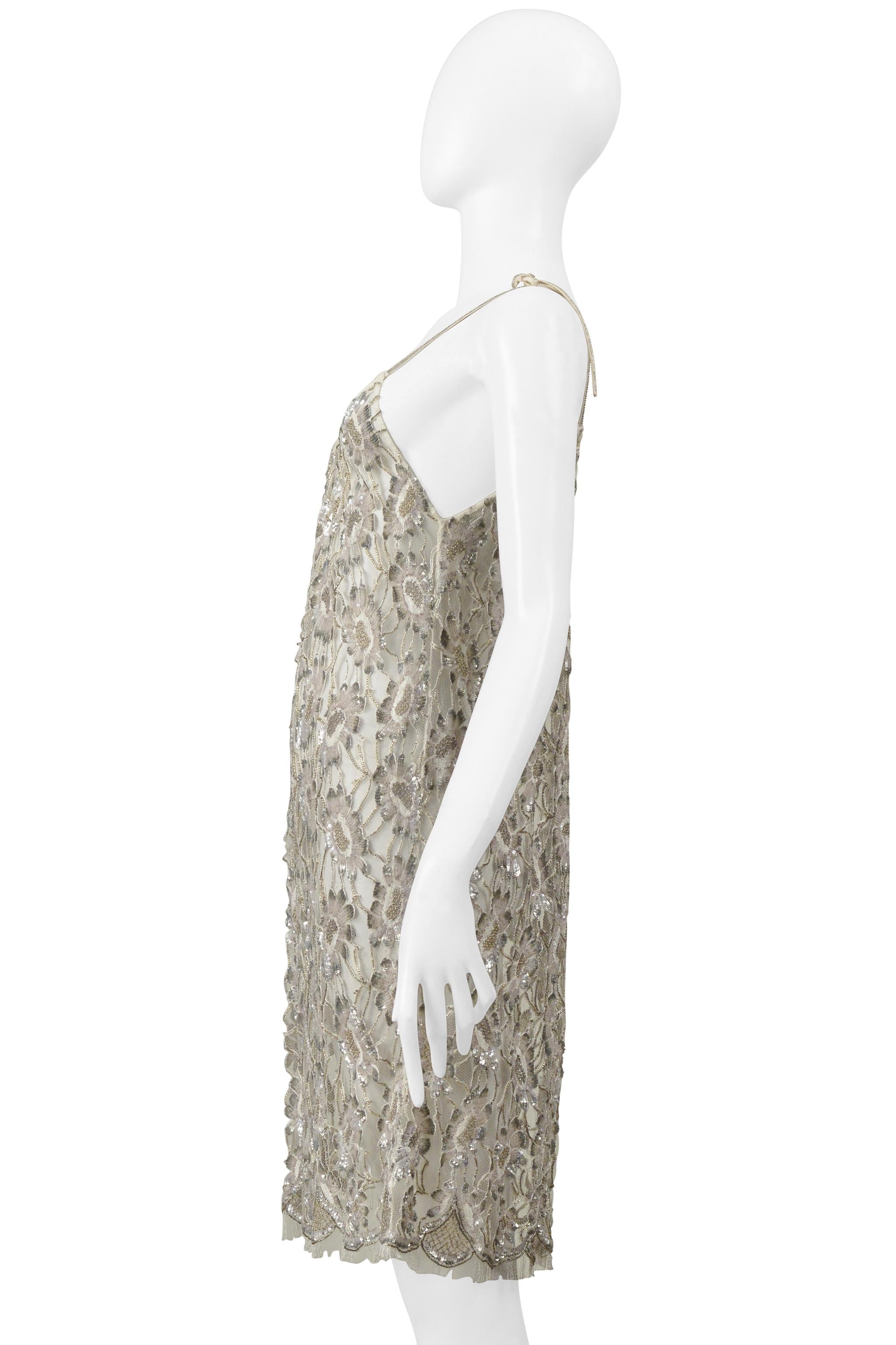 Saint Laurent Paris By Hedi Slimane Floral Lace Slip Dress With Silver Beading For Sale 6