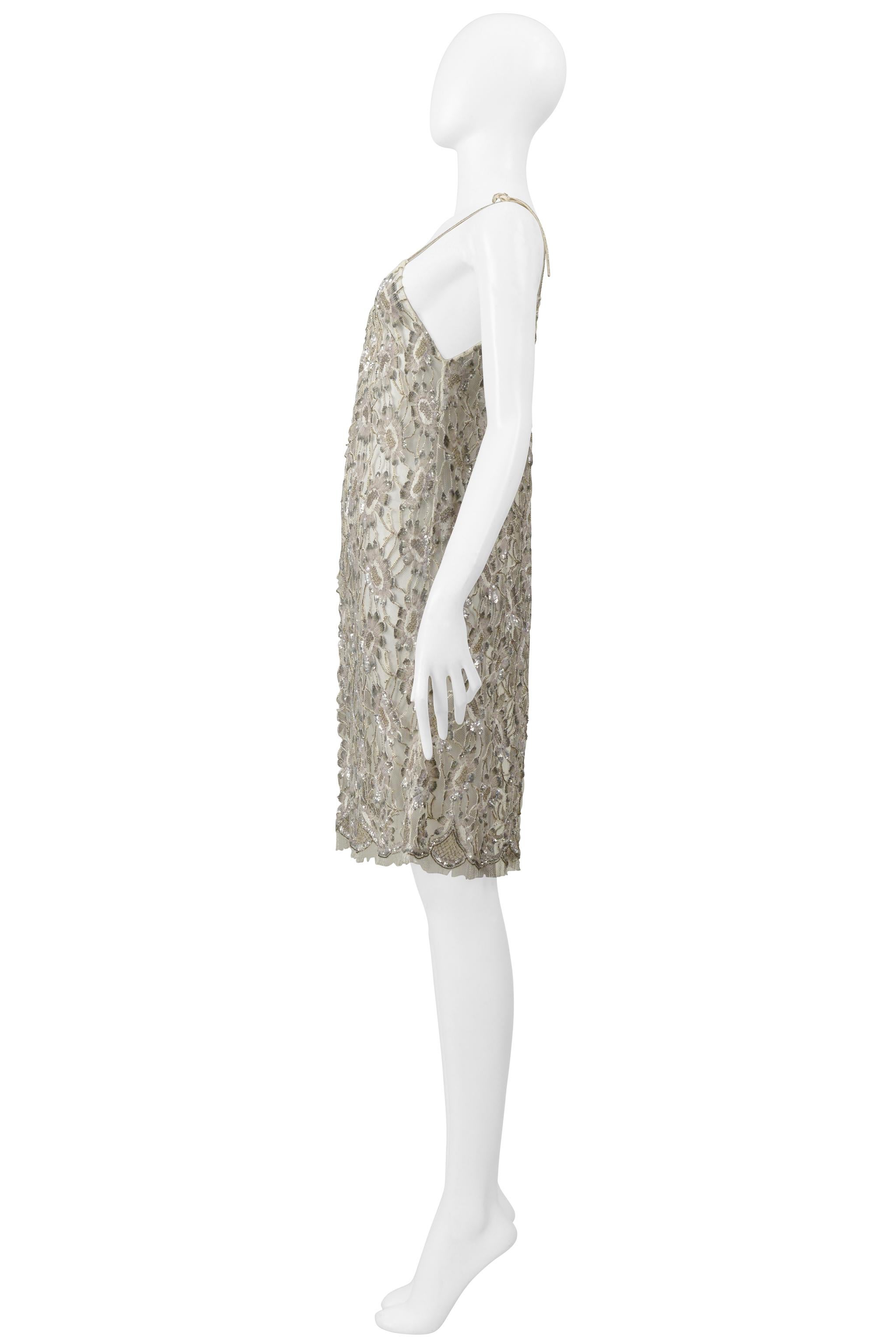 Saint Laurent Paris By Hedi Slimane Floral Lace Slip Dress With Silver Beading For Sale 7