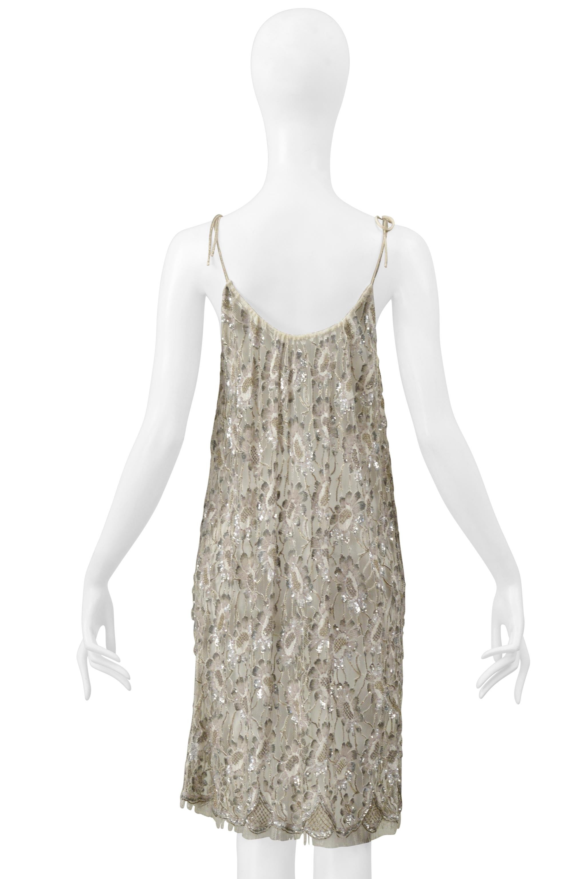 Saint Laurent Paris By Hedi Slimane Floral Lace Slip Dress With Silver Beading For Sale 8