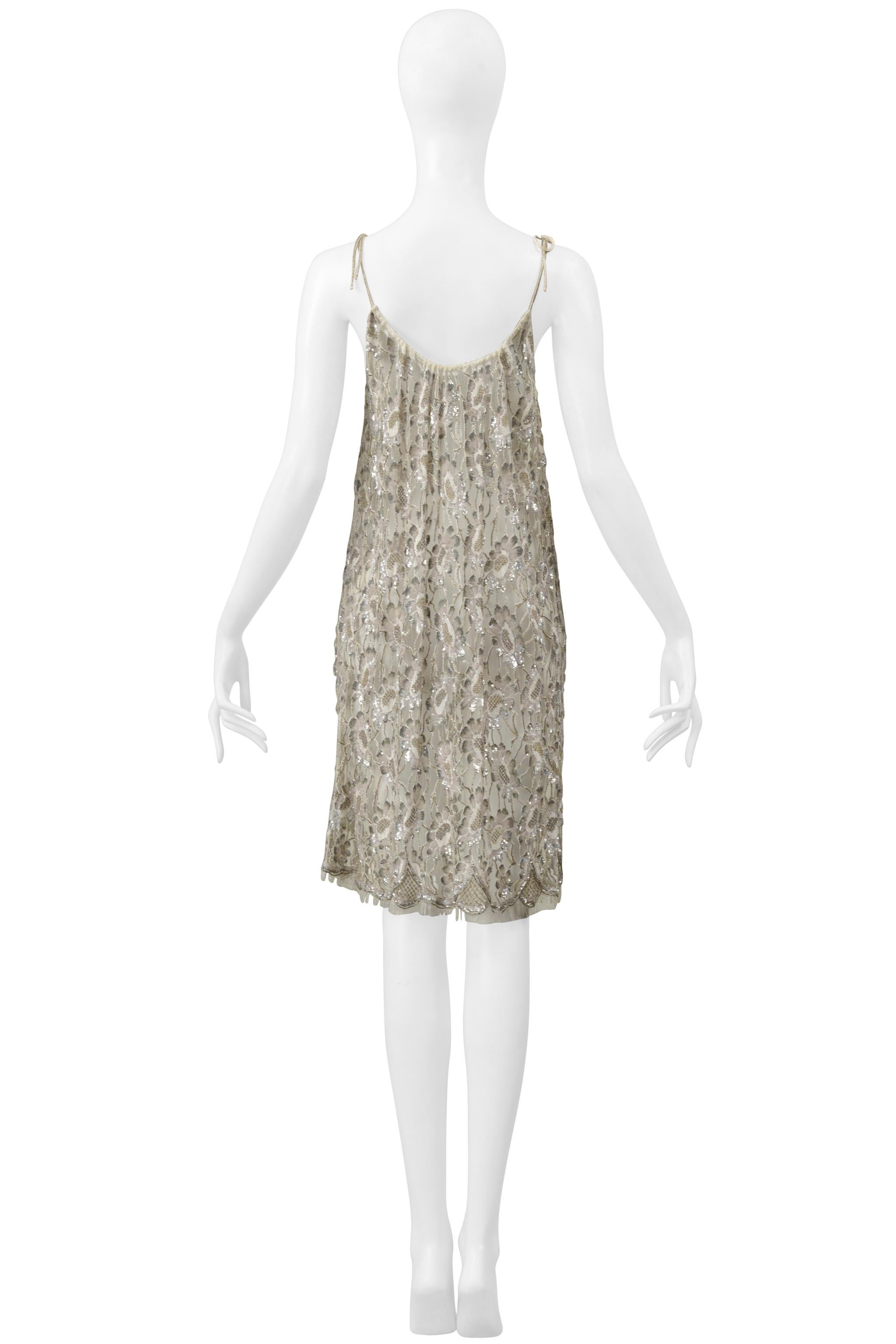 Saint Laurent Paris By Hedi Slimane Floral Lace Slip Dress With Silver Beading For Sale 9