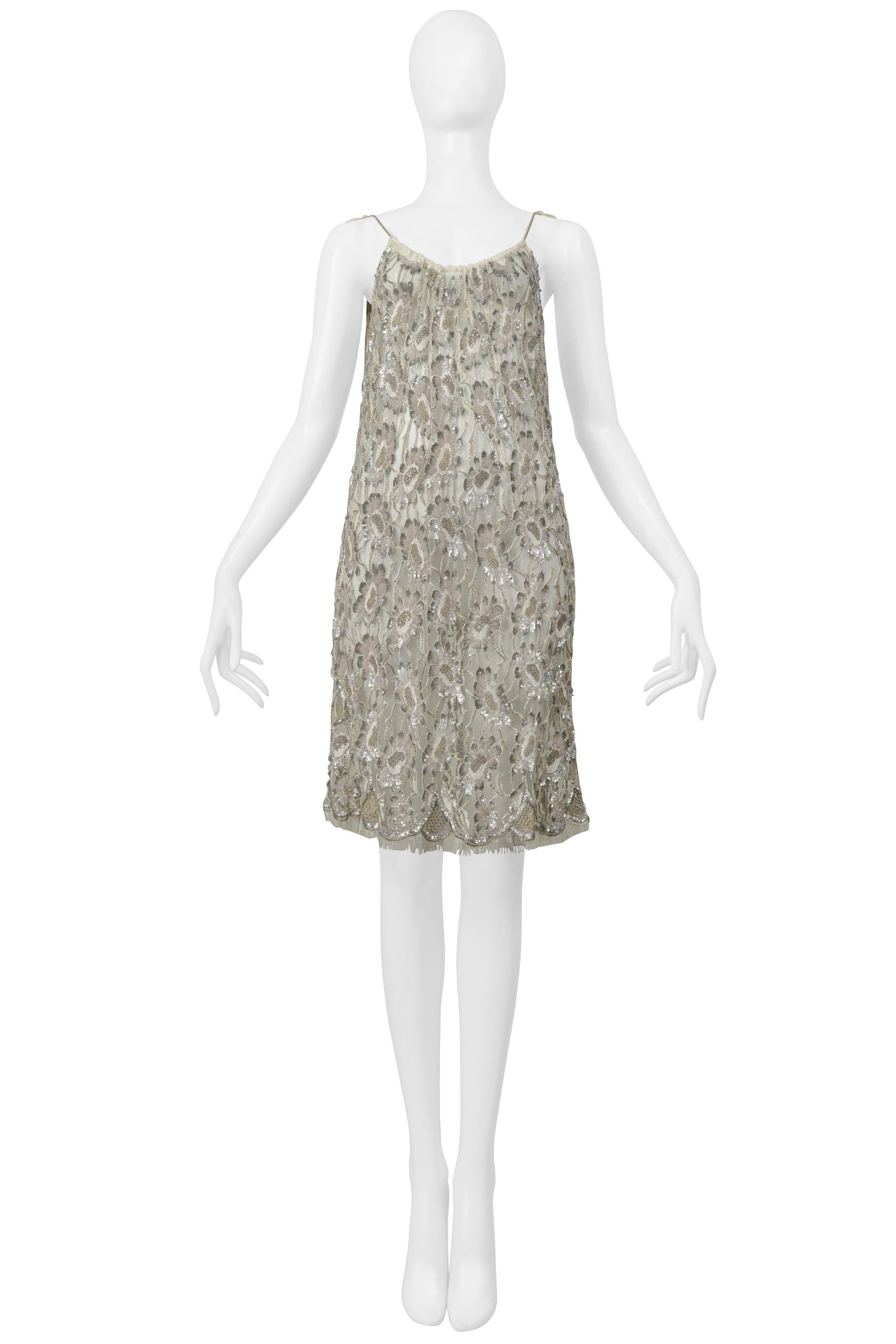Saint Laurent Paris By Hedi Slimane Floral Lace Slip Dress With Silver Beading For Sale 2
