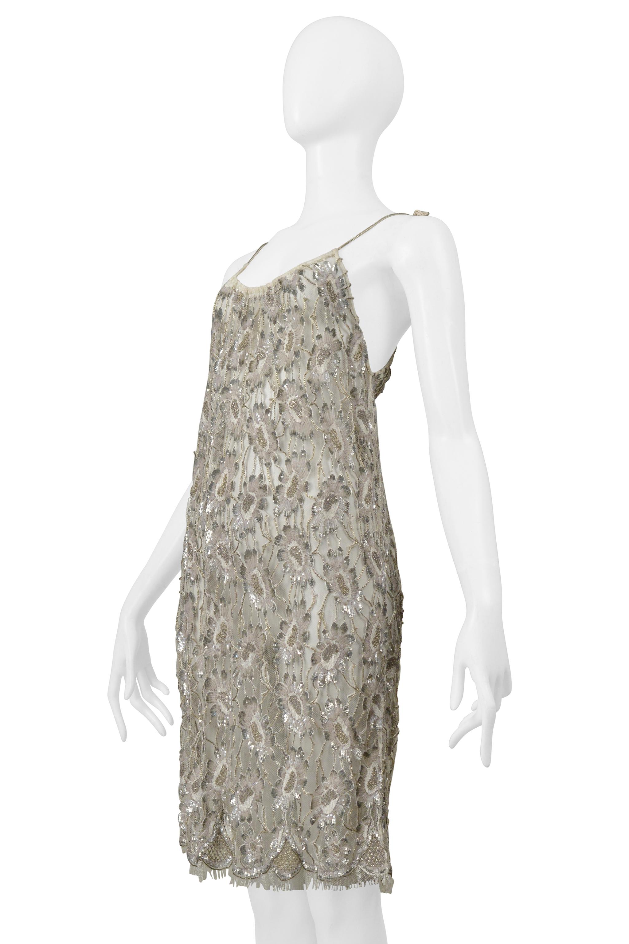 Saint Laurent Paris By Hedi Slimane Floral Lace Slip Dress With Silver Beading For Sale 4