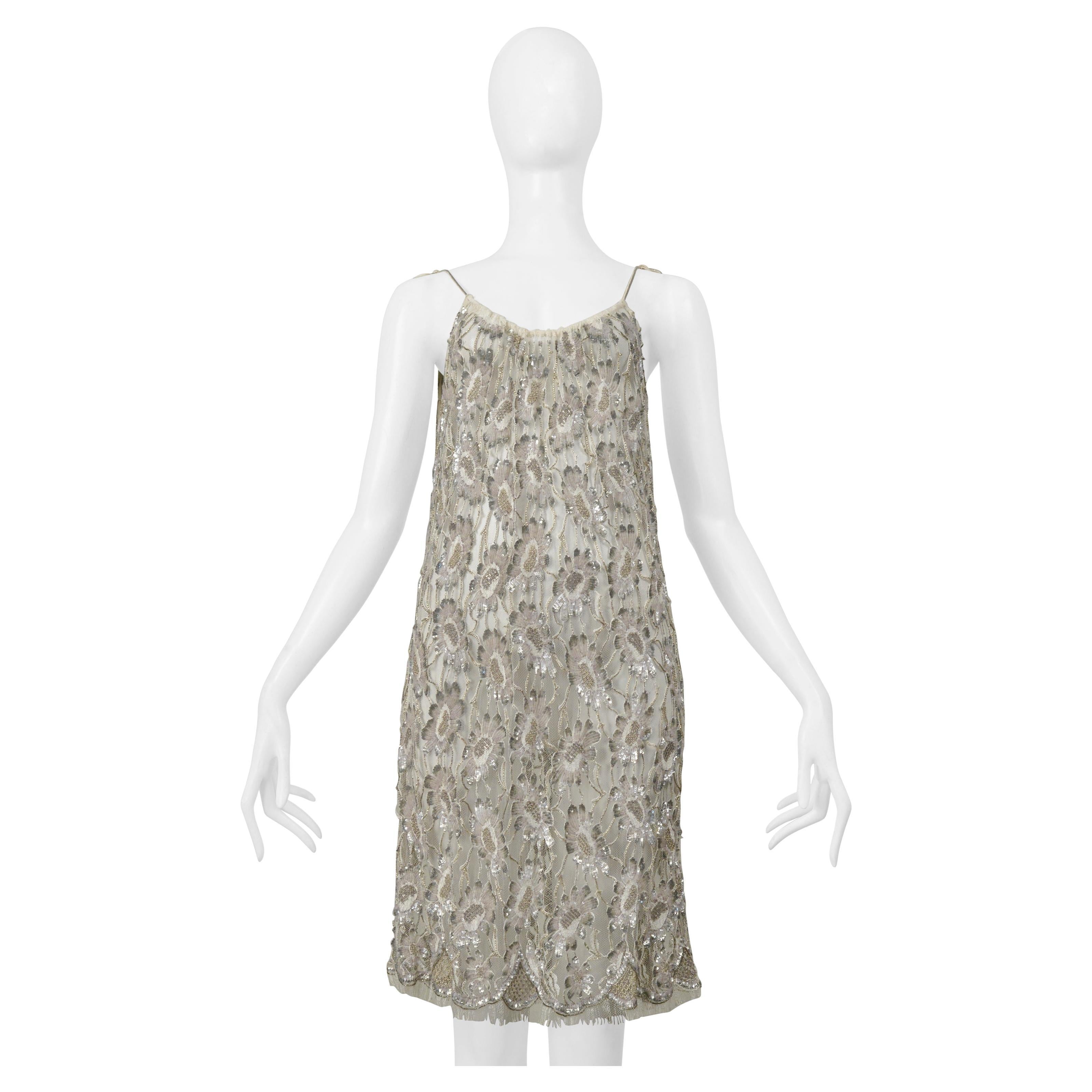 Saint Laurent Paris By Hedi Slimane Floral Lace Slip Dress With Silver Beading For Sale